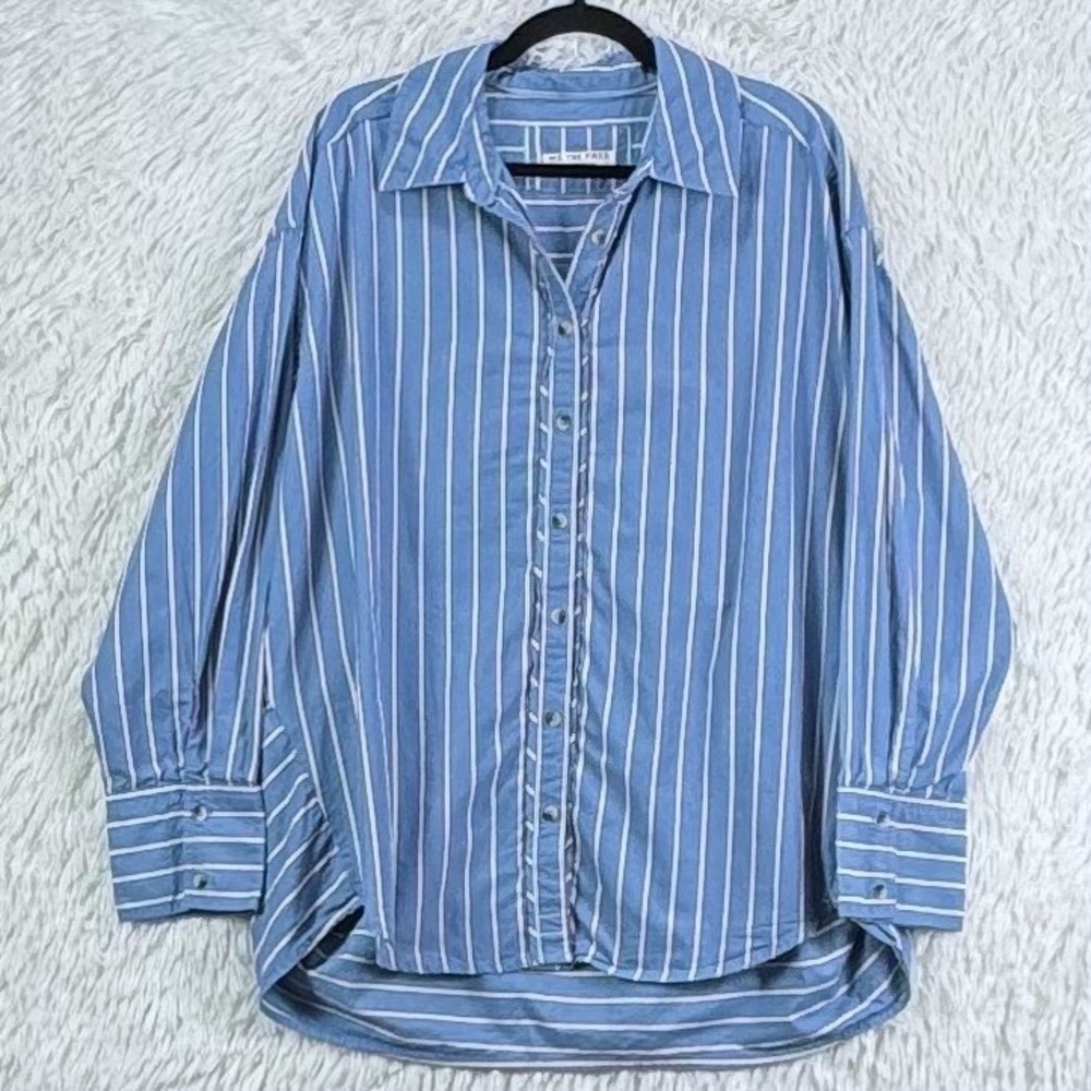 Free People We The Free Blue Striped Oversized Button Down Shirt